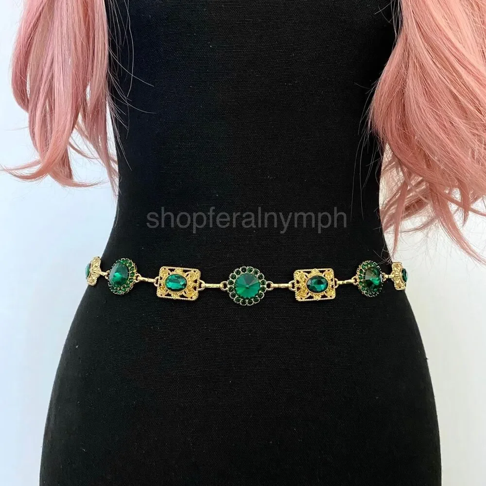 Gold Y2K Emerald Green Jewel Waist Chain Belt, Fits 24.5-51.5 Inches, X7GA1297